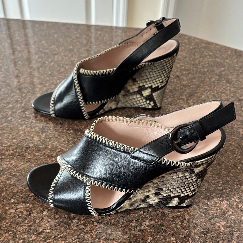 SJP by Sarah Jessica Parker Black  Leather Stitch Python Wedge Sandal Shoes